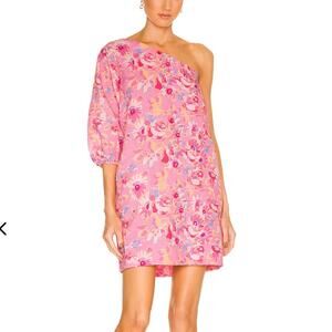 Something Navy Pink Floral Mini Dress MEDIUM One Shoulder Linen Shift Party $165